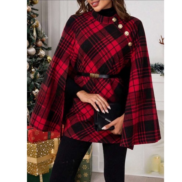 Red Plaid Holiday Cloak Sleeve Gold Button Cape - Picture 2 of 4